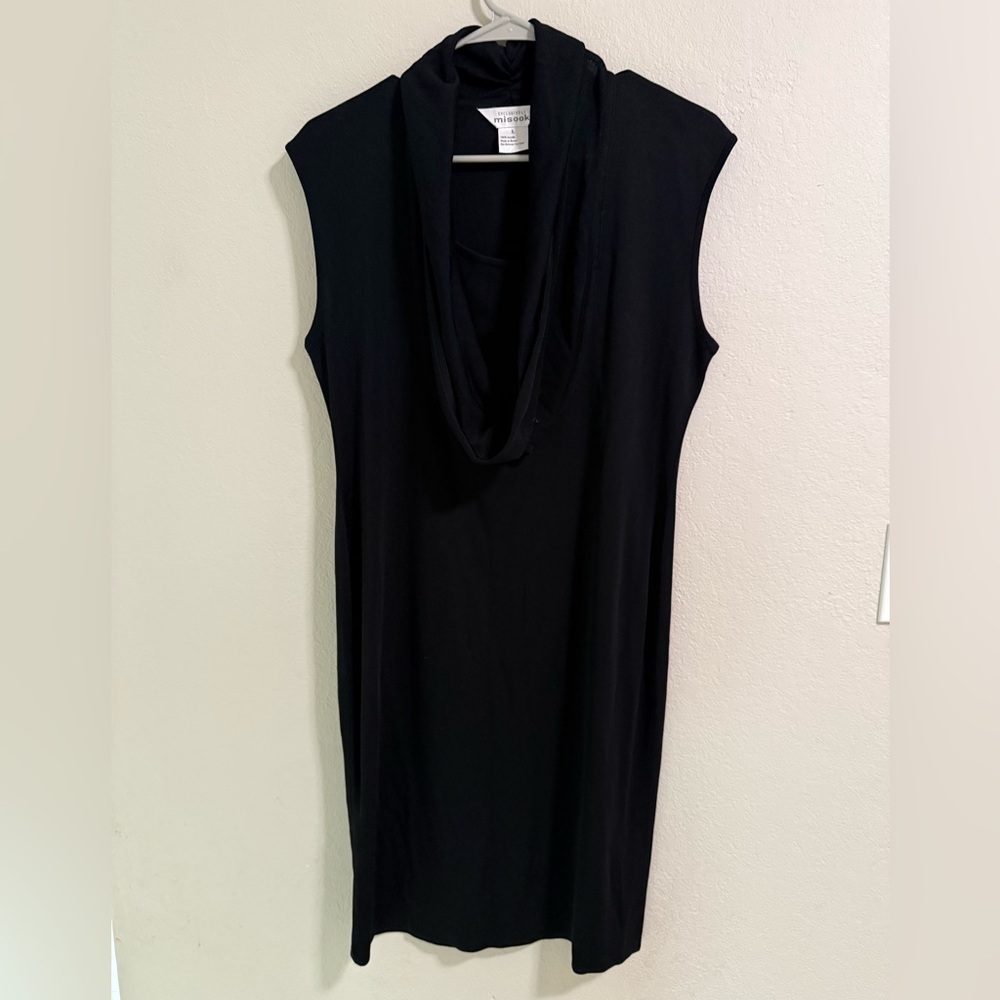 Misook Black Sleeveless Cowl Neck Dress L Stretch Knit Minimalist